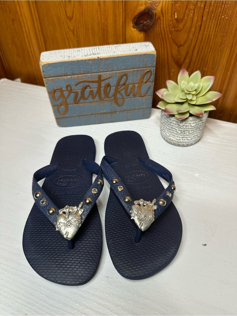 Havaianas Navy Blue Flip Flops with Silver Heart Accents